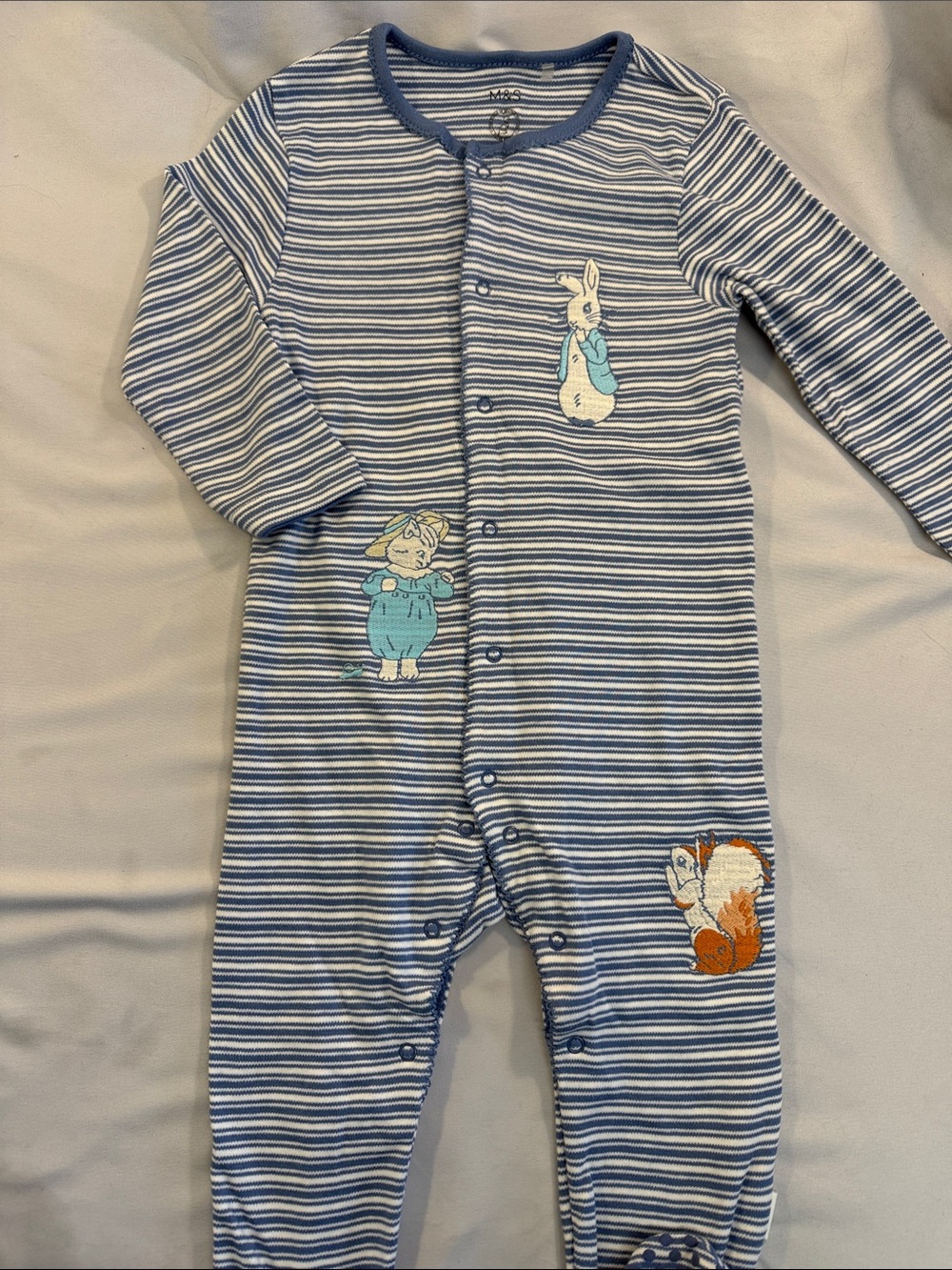 Marks & Spencer Blue & White Striped Baby Footie - embroidered Beatrix Potter